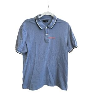 Prada Pique Collared Short Sleeve Polo Shirt Mens XL Blue Red Logo Patch EUC